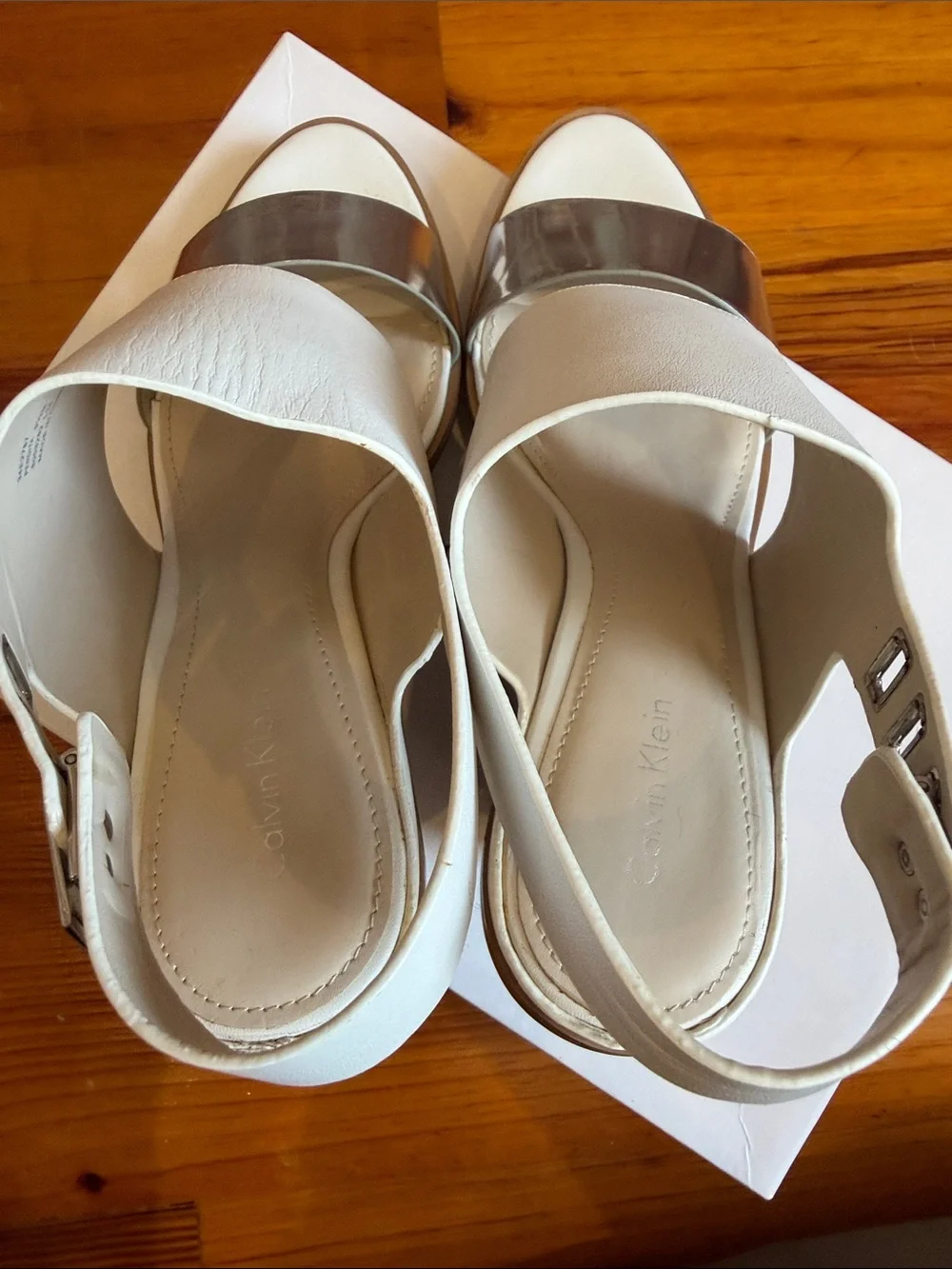 Calvin Klein White and Silver Wedge Sandals with Wood-Look Heel